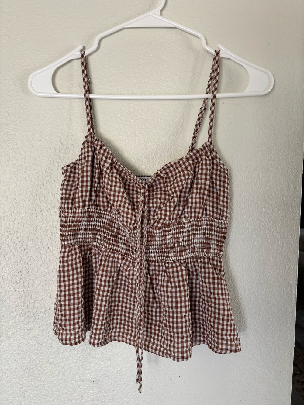Princess Polly Brown/White Gingham Smocked Tie-Front Cami